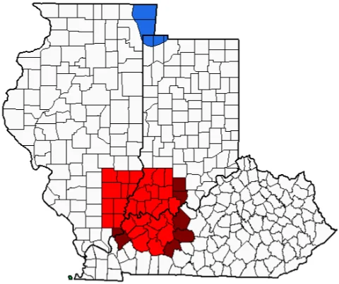 Map of the Southwest Indiana tri-state service area centered on Evansville